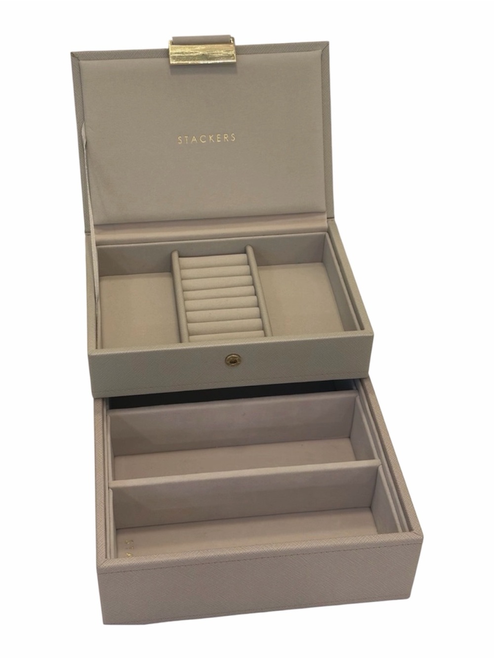RARE Stackers Jewelry Storage Box 4-Section Classic Tray & Mini Lidded Box Taupe